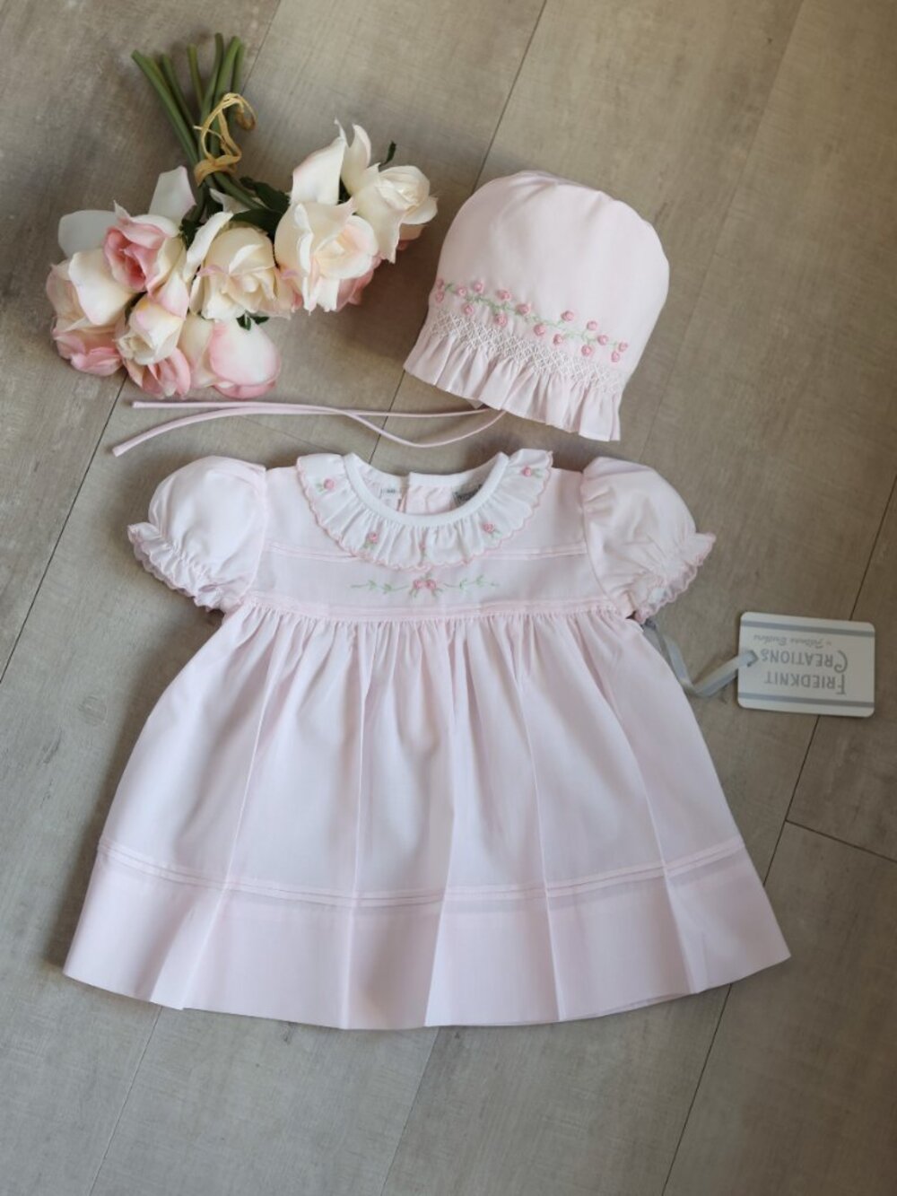 Pink Heirloom Dress Hand Embroidery Feltman Brother/Friedknit Scalloped Rose NWT - Picture 7 of 9